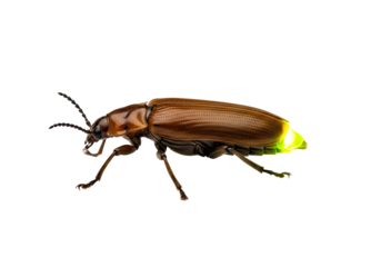 A close-up view of a bioluminescent beetle, showcasing its unique brown exoskeleton and vibrant green light emitting from its rear end against a stark black background.