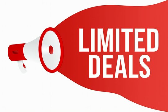 Bright red megaphone announcing limited deals with white text on a white background