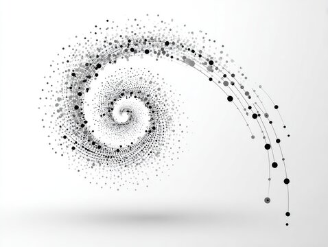 Abstract grayscale graphic depicts a spiral of dots, connected lines, and circular nodes, flowing