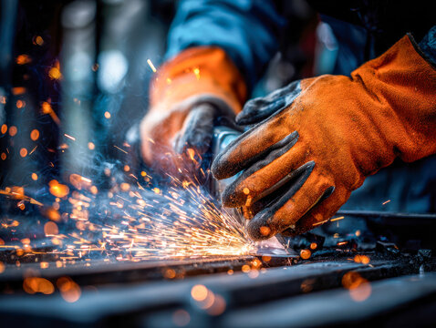 Close-up of industrial worker wearing protective gloves grinding metal with sparks flying in a workshop environment focusing on hands and tool action