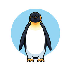 A cartoon illustration of an Emperor penguin standing upright against a light blue circular background.