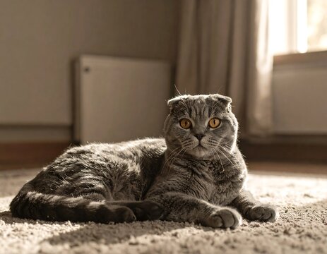 A close-up shot of a gray and fluffy cat with folded ears, resting on a carpet indoors, illuminated by sunlight - Powered by Adobe