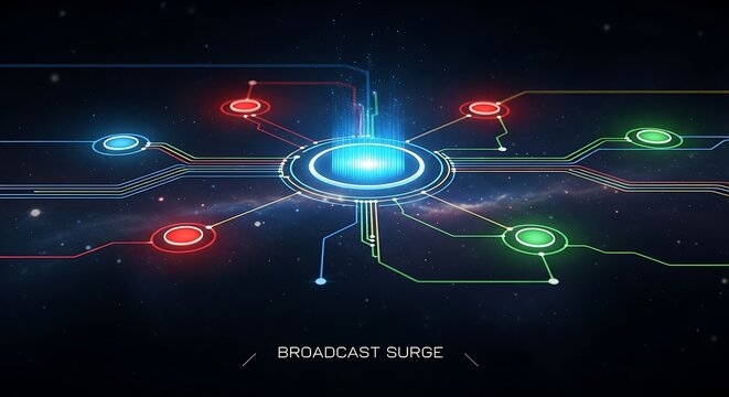Futuristic digital network hub with glowing connections and data flow, illustrating advanced communication technology.