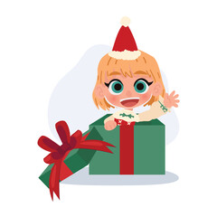 happy child wearing santa hat coming out of christmas gift box. cute holiday for new year celebration
