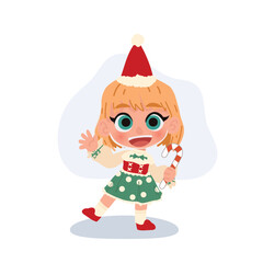adorable christmas child character with candy cane and green festive dress for merry christmas projects