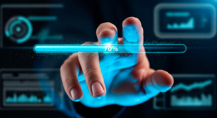 Interactive technology with 70% loading bar progress on touchscreen interface, symbolizing advancement and innovation in digital solutions for business