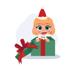 adorable smiling girl with santa hat and green gift box perfect christmas