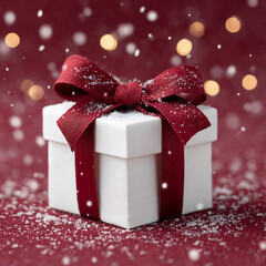 A beautifully wrapped white Christmas gift box with a red ribbon and light snowfall creating a festive holiday atmosphere