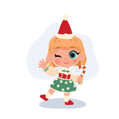 a smiling girl in red and green outfit with candy cane perfect for festive decoration and holiday