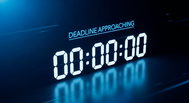 Digital countdown timer reminding of approaching deadline in glowing futuristic display, perfect for business project management and time-sensitive tasks