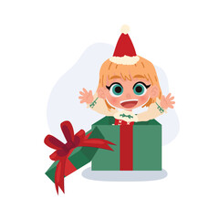 happy child surprise in christmas present box wearing santa hat. adorable cartoon for holiday greeting and winter celebration