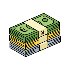 Stack of bundled currency notes, including Euros, Yen, and other bills, secured with paper bands.