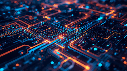 Futuristic circuit board design with glowing neon lines and data flow