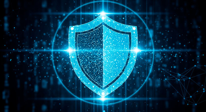 Cybersecurity shield protecting digital data with glowing circuit patterns and network connections offering peace of mind with advanced tech