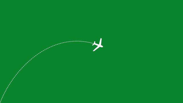 Travel flying route destination animation on green background. Travel on airplane map simple motion graphic. Movement of air plane flight and route with points.