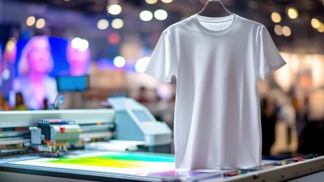 Detailed printing process of a white t shirt in a vibrant studio space using advanced equipment and techniques