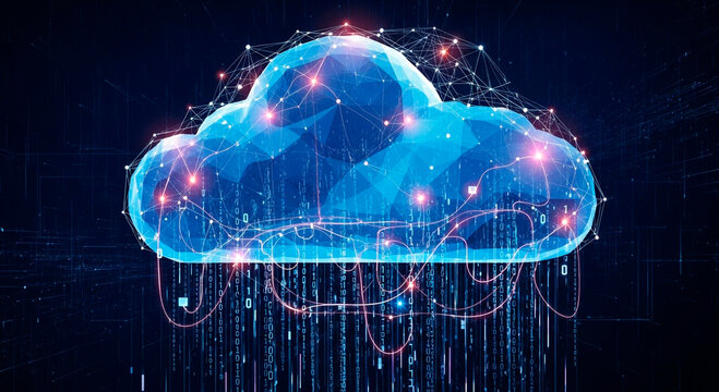 Dynamic cloud computing network with data stream for modern business solutions, secure data transfers and storage, vibrant digital background