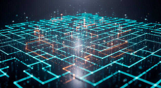 Dynamic blue and orange digital network background for modern tech companies, futuristic data streams, and global connections with vibrant energy