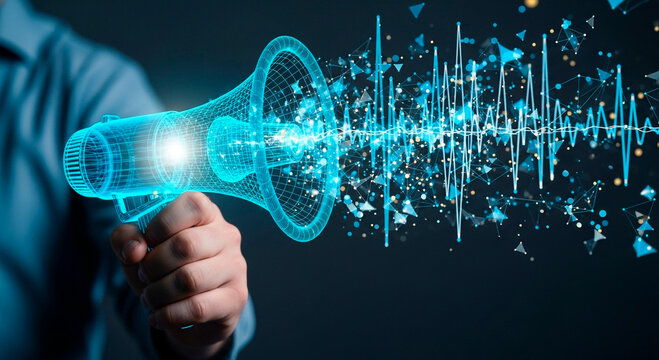 Boost your brand with this dynamic, futuristic megaphone transmitting powerful sound waves, perfect for digital marketing, announcements, and social media campaigns