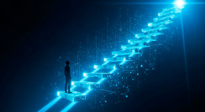 Digital transformation concept shows a figure climbing futuristic data stairs to a bright future, illustrating progress, innovation, and technology leadership