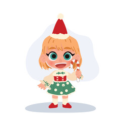 cute christmas child cartoon wearing festive outfit with red hat and candy cane for holiday celebration and decoration.