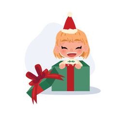 cute child with santa hat popping out from christmas present. for holiday greeting and celebration use