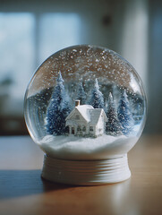 A festive snow globe featuring a miniature winter cabin surrounded by snowy pine trees on a wooden table indoors