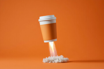 Ignite your day with a rocket powered coffee cup launching from clouds, symbolizing energy, speed, and unstoppable momentum for your brand