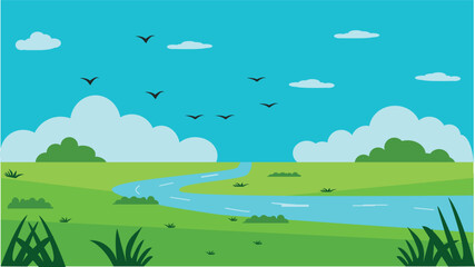 Summer landscape with river and birds