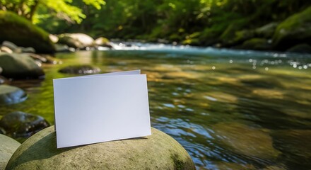 An untouched white card rests gently on a rock amidst a calm forest stream, offering an ideal space for your profound thoughts or a brand-new idea to flourish