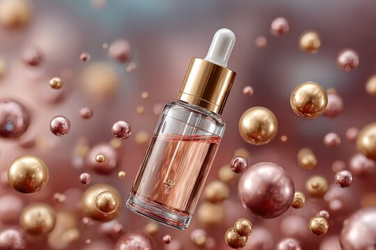 Skincare serum bottle floats with golden and rose gold orbs for beauty and wellness product promotion