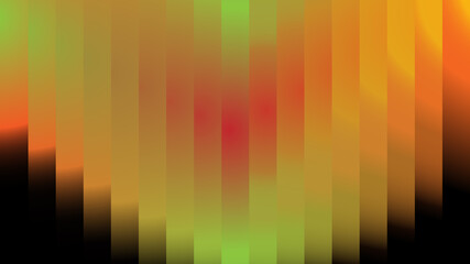 A vertical abstract design featuring a gradient of red, orange, yellow, and green pixels against a dark black background.