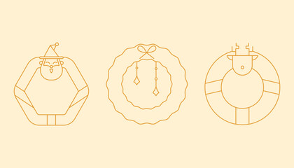 Christmas Wreath Line Icon Set – Minimal Outline Decorative Holiday Elements, Editable Stroke Vector Illustration