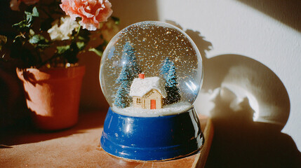 A festive snow globe featuring a miniature winter cabin surrounded by snowy pine trees on a wooden table indoors