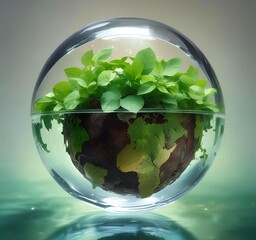 Earth globe made of transparent water with green leaves