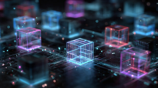 Abstract image of glowing cubes interconnected, representing digital technology and data