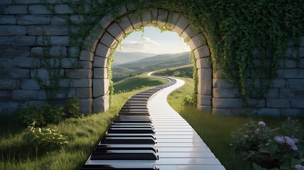 Fototapeta premium Piano Keys Pathway Through Stone Archway Into Green Landscape