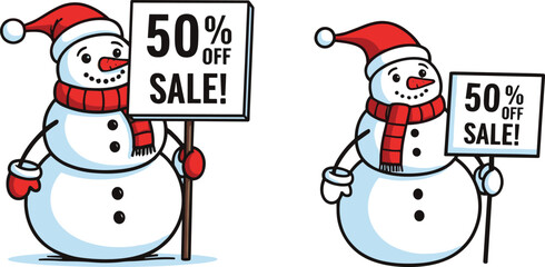 Cartoon snowmen with Santa hats holding 50% off sale signs, festive winter holiday discount banner, Christmas promotion illustration, cheerful characters