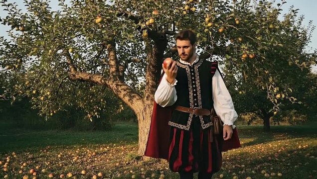 Renaissance Man Inspects Apple in Orchard with Fallen Fruit and Tree