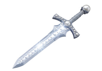 A magnificent, silver sword adorned with luminous pearls, showcasing intricate artistry and a glowing effect against a striking black background.