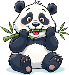Cartoon panda eating bamboo, cute animal illustration, happy panda character, wildlife drawing, children’s art, playful bear, nature concept