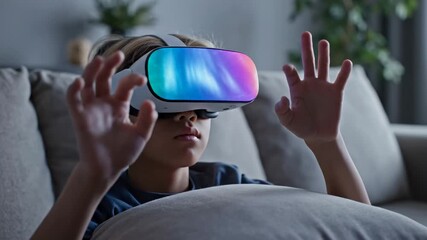 Young boy experiencing virtual reality at home exploring a digital world with a VR headset and interactive gestures showcasing future technology and entertainment. - Powered by Adobe