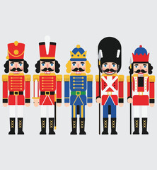 Nutcracker Soldiers Vector Set Collection. Five Christmas Toy Guards in Traditional Uniforms for Holiday Design and Decoration.