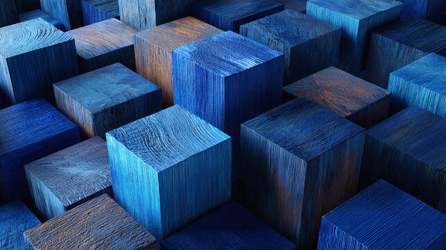 A collection of geometric cubes in varying shades of blue, arranged to create a captivating pattern. The wood grain texture on the blocks adds a natural feel.