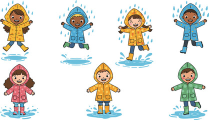Cartoon children playing in rain, colorful raincoats, puddle splashing, joyful weather, outdoor fun, rainy day activity, kids happiness
