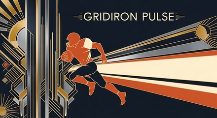 Art Deco style illustration of an American football player running with radiating lines and geometric patterns, featuring "GRIDIRON PULSE".