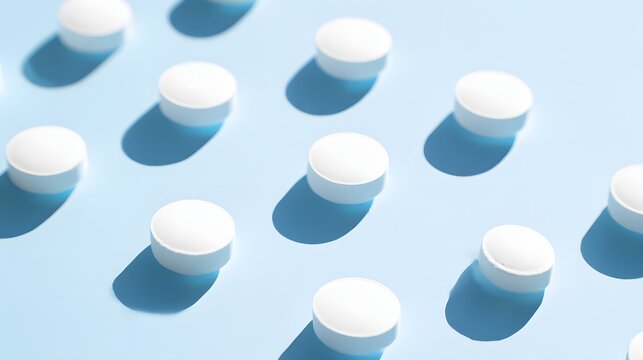 shallow. White tablets arranged in a geometric pattern on a light blue surface. STEM education sheets, lab safety posters, designed for biotech research communications, used by art directors.