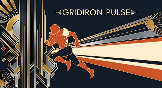 Art Deco style illustration of an American football player running with radiating lines and geometric patterns, featuring "GRIDIRON PULSE".