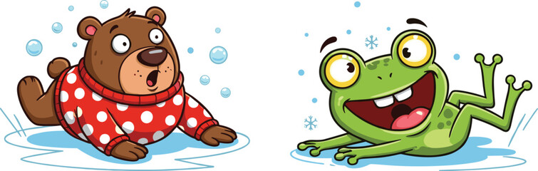Cartoon bear and frog sliding on ice, winter fun, playful animals, snowflakes, joyful expressions, cold season, animated illustration, cute