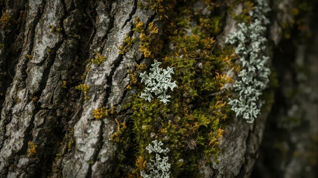Close-up of moss and lichen on textured tree bark in forest